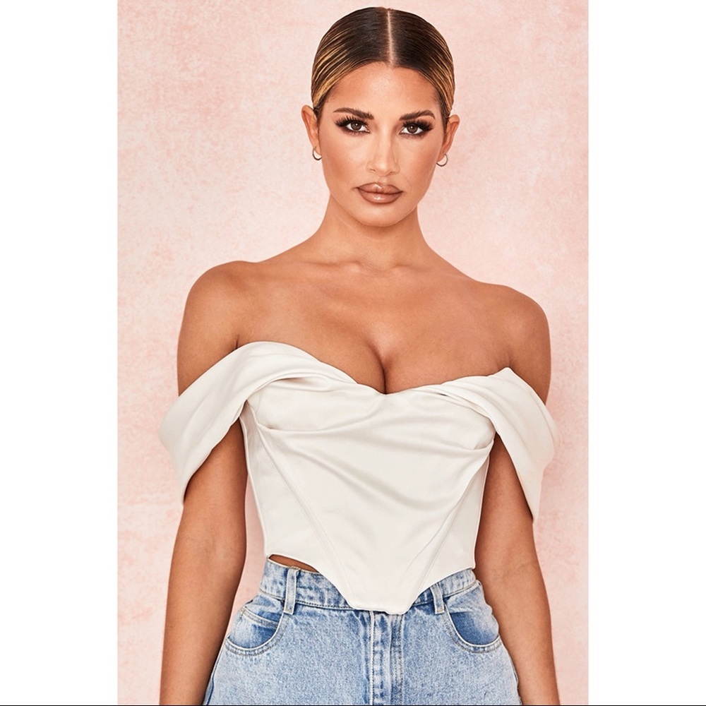 House of CB Silva Ivory Satin Draped Shoulder Corset Top - Picture 7 of 16